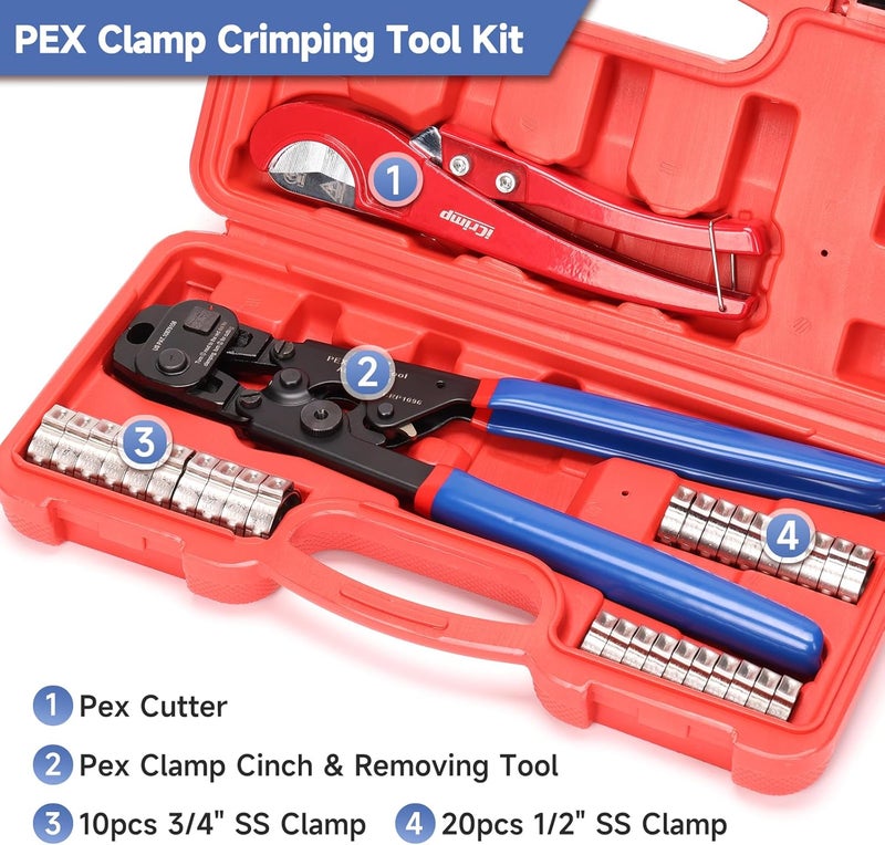 iCRIMP Ratchet PEX Cinch Tool with Removing Function for 3/8-in, 1/2-in, 3/4-in, 1-in Stainless Steel Clamp, PEX Crimper with 20PCS 1/2-in, 10PCS 3/4-in PEX Clamps and Pipe Cutter- All in One - Image 2